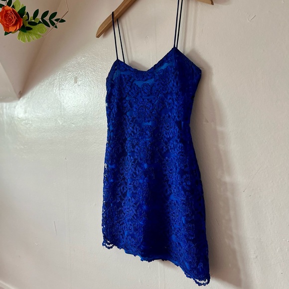EUC VTG 90s slip M Bretton’s Private Label bright cobalt blue lace overlay MINT - Picture 6 of 16